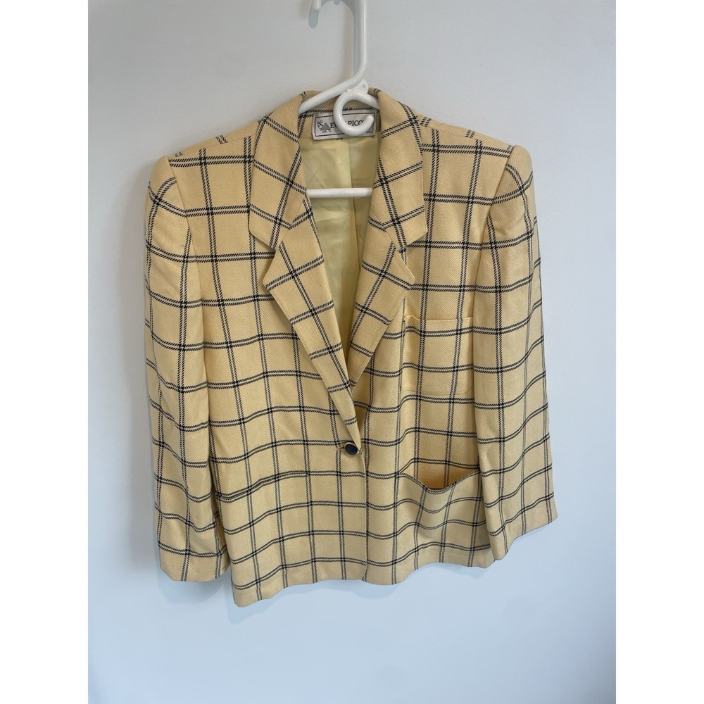 Vintage Evan Picone Plaid One Button Blazer Beige Size 4‎ Made In USA